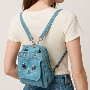 Anna Sui Cat Face Mini Leather Backpack Purse Blue Distressed Jean Bag Cute Ears